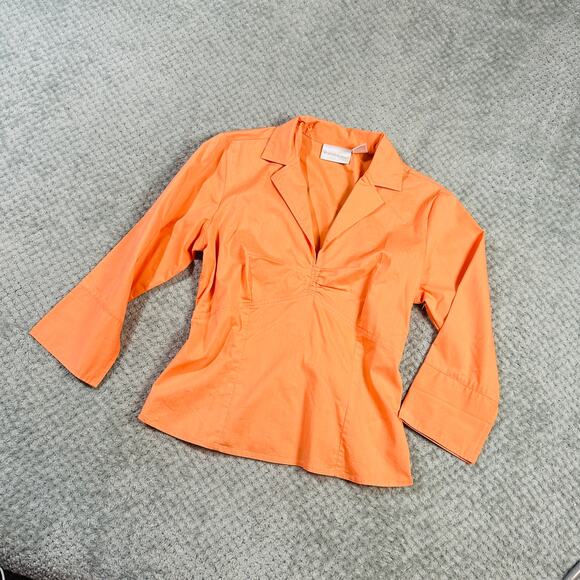 Vintage Y2K Orange Coquette Fitted Babydoll Office Siren Blouse Vneck Collared - Picture 1 of 6